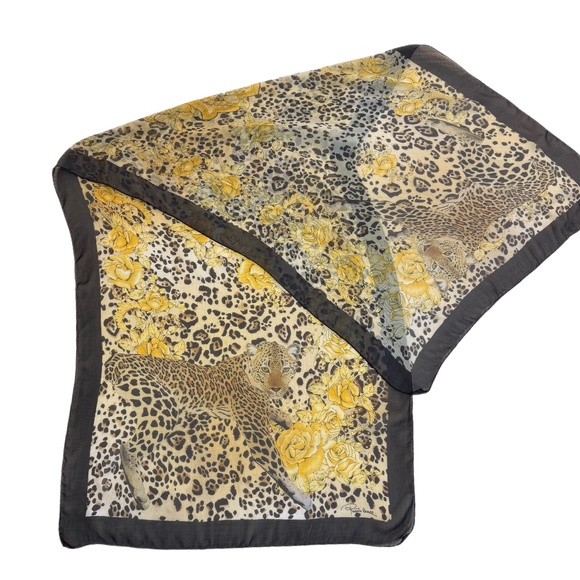 Roberto Cavalli Italy Silk Scarf  🇮🇹 – Leopard & Yellow Rose Print - Picture 4 of 10